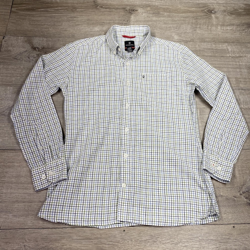 Victorinox Shirt Mens Small White Check Linen Tailored Fit Long‎ Sleeve Button